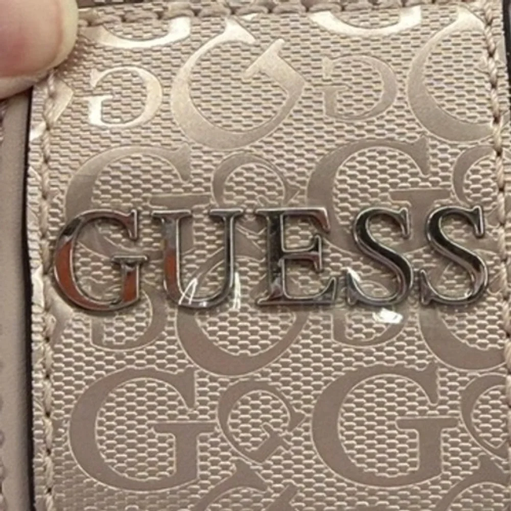 Guess Metallic Champagne Logo Satchel‎ Crossbody Handbag with Flower Charm
